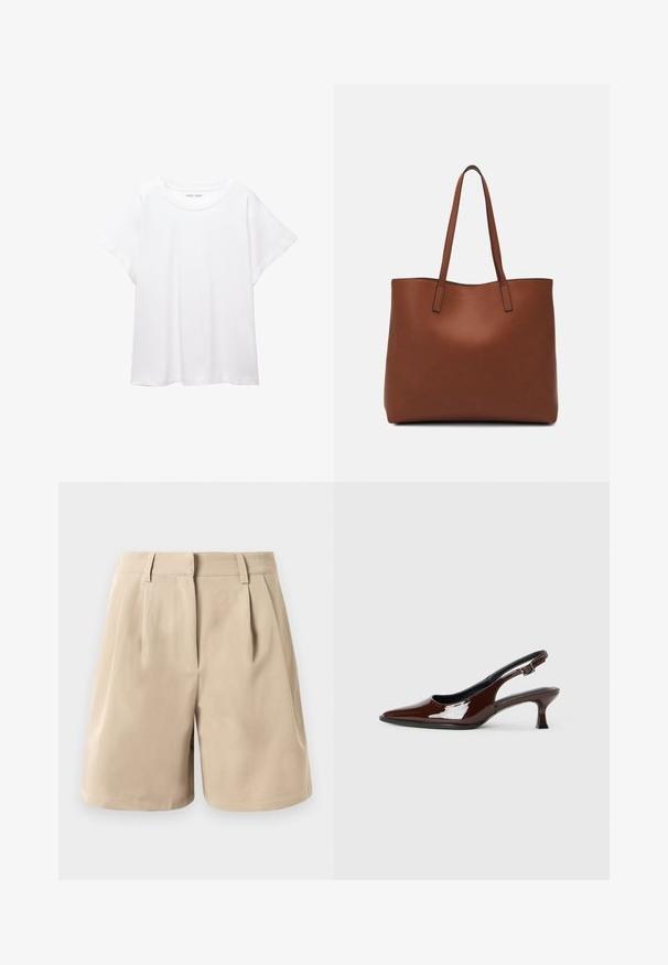 Witte T-shirt van zacht, lichtgewicht stof. Heeft een ronde halslijn en korte, brede mouwen met een ontspannen pasvorm. Geen zichtbare patronen.; Beige hoge taille tailored shorts met riemlussen, voorplooien en een verborgen sluiting aan de voorkant op een witte achtergrond.; Bruine gepatineerde leren slingback-schoen met een spitse neus en een gematigd hakje. Voorzien van een gespsluiting voor een veilige pasvorm. Glad van textuur.; Bruine leren tote bag met een gladde textuur, een ontwerp met een open bovenkant en twee schouderbanden. Kenmerkt zich door minimale stiksels en geen zichtbare hardware.
