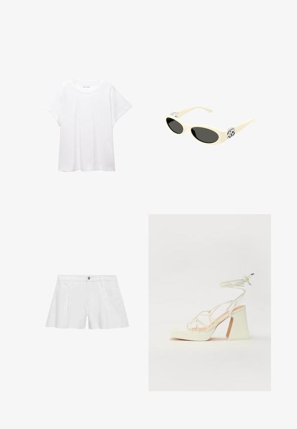 Tricou alb dintr-un material moale și ușor. Prezintă un decolteu rotund și mâneci scurte, largi, cu un croi lejer. Fără modele vizibile.; Pantaloni scurți din bumbac alb cu o croială lejeră, prevăzuți cu buzunare frontale, închidere cu nasture și cusături plate pentru un finisaj uniform.; Sandale albe cu toc înalt și gros, cu un design cu curele și legătură la gleznă. Textură netedă, cu o platformă frontală pentru înălțime suplimentară.; Ochelari de soare de culoare crem, cu lentile ovale, nuanță neagră și accente metalice cu logo la temple. Textură netedă, design tip cat-eye.
