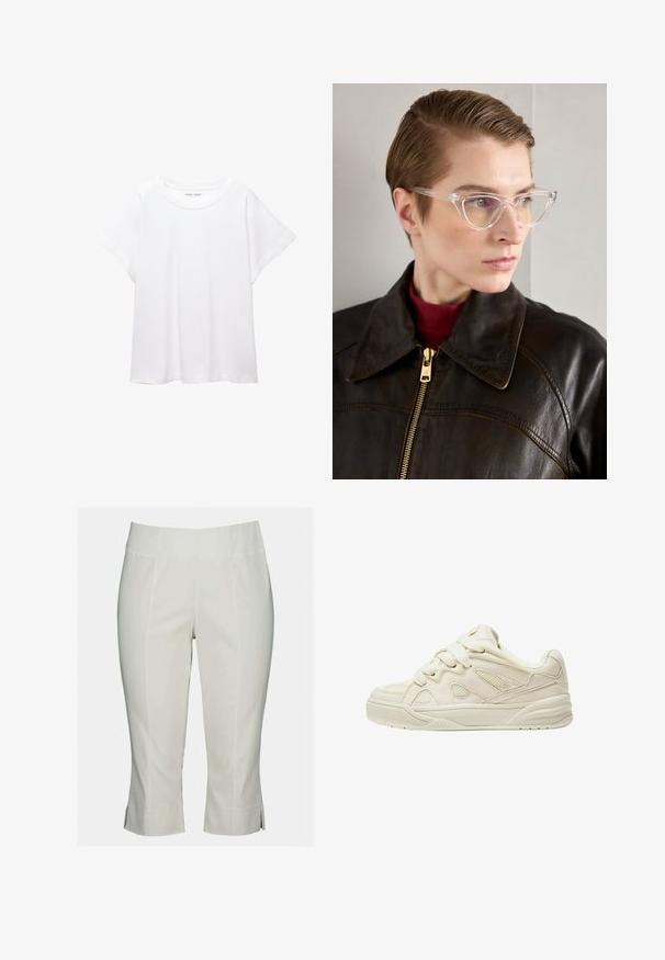 Bílý tričko vyrobené z měkké, lehké tkaniny. Má kulatý výstřih a krátké, široké rukávy s uvolněným střihem. Bez viditelných vzorů.; Bílé zkrácené kalhoty vyrobené z hladkého materiálu, s plochým pasem, předními švy a postranními rozparky na lemování pro vylepšení detailu.; Beige tenisky s texturovaným svrškem, výraznými tkaničkami, síťovinovými panely a silnou podrážkou. Zakřivený design s měkkým límcem pro pohodlí.; Průhledné acetátové brýle ve tvaru kočičích očí se žlutě zbarvenými skly, které nosí osoba v tmavé kožené bundě a červeném roláku. Hladký povrch.; Černá kožená crossbody taška s texturovaným povrchem, nastavitelným popruhem a stříbrnými detaily. Obsahuje přední klopu se zapínáním na sponu.