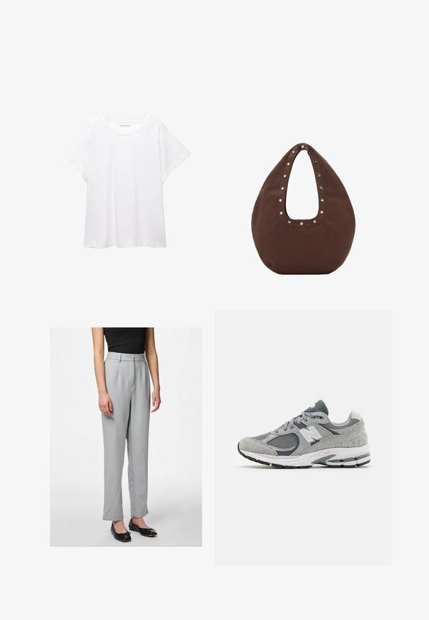 Biała koszulka wykonana z miękkiej, lekkiej tkaniny. Posiada okrągły dekolt oraz krótkie, szerokie rękawy, zapewniające luźny krój. Brak widocznych wzorów.; Szare spodnie z wysokim stanem, z plisami, z przodem zapinanym na guzik i pętelkami na pasek, o prostym kroju nogawki i gładkiej teksturze.; Szare sneakersy wykonane z siateczki i zamszu, z białym logo, wyściółką przy kostce i teksturowaną gumową podeszwą. Akcenty w ciemniejszym odcieniu szarości.; Brązowa torba na ramię o zaokrąglonym kształcie, z dużym uchwytem w kształcie wycięcia ozdobionym srebrnymi ćwiekami wzdłuż krawędzi. Wykonana z miękkiego materiału.