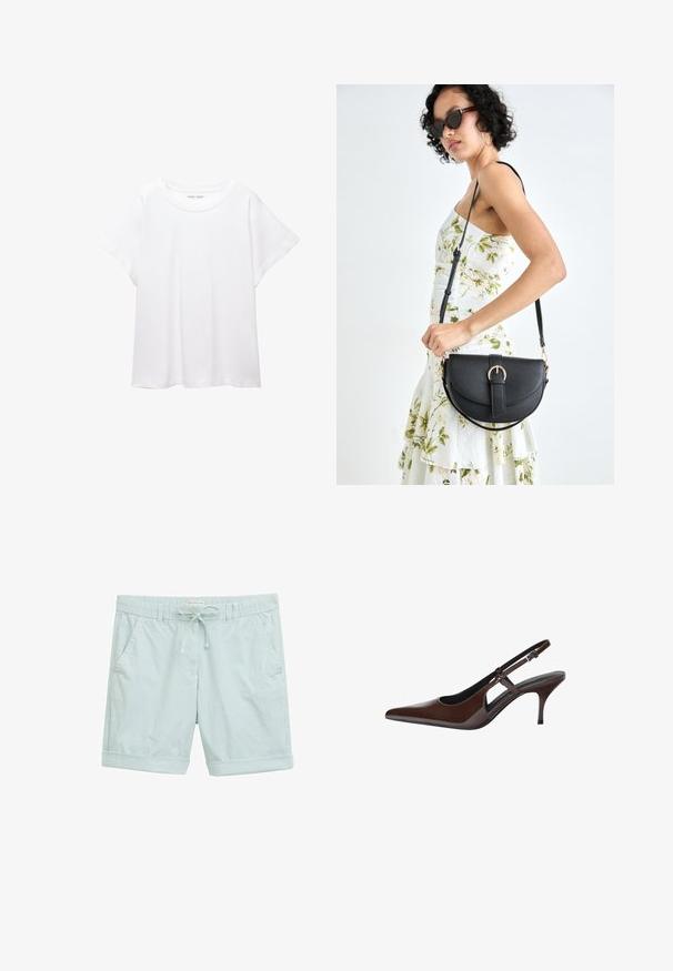 Bijela majica od mekane, lagane tkanine. Ima okrugli izrez i kratke, široke rukave s ležernim krojem. Bez vidljivih uzoraka.; Svijetlo plave prugaste šortseve od lagane tkanine, s pojasom na vezanje, zavinutim rubovima i bočnim džepovima.; Smeđe lakirane kožne sandale s otvorenom petom, špicastim nosom i tankim potpeticama. Imaju podesiv remen s kopčanjem.; Crna kožna torba s lukovitim oblikom, odvojivim remenom i zlatnim detaljima. Torba ima preklop s kopčom.