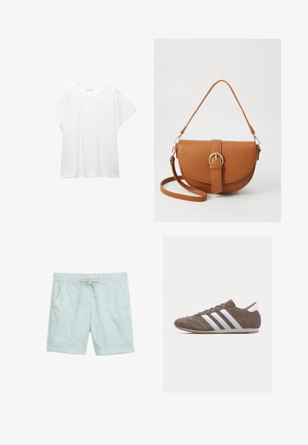 Biele tričko vyrobené z mäkkého, ľahkého materiálu. Má okrúhly výstrih a krátke, široké rukávy s uvoľneným strihom. Bez viditeľných vzorov.; Svetlomodré pruhované šortky vyrobené z ľahkého materiálu, s elastickým pásom so šnúrkou, odkrytými manžetami a bočnými vreckami.; Hnedé semišové športové topánky s bielymi pruhmi, okrúhly špičkový dizajn, šnurovacie zapínanie a gumená podrážka. Texturovaný zvršok s detailmi šitia.; Hnedá kožená kabelka cez telo s zakriveným tvarom, zlatými kovovými doplnkami a akcentom s prackou. Obsahuje odnímateľný ramenný popruh.
