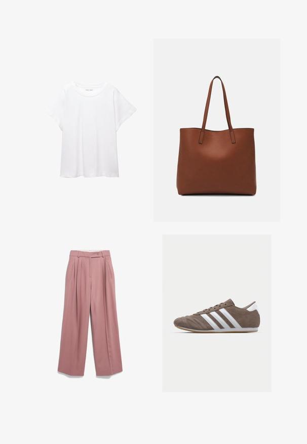 Witte T-shirt van zacht, lichtgewicht stof. Heeft een ronde halslijn en korte, brede mouwen met een ontspannen pasvorm. Geen zichtbare patronen.; Wijde broek van zacht roze stof, voorzien van plooien aan de voorkant, zijzakken, een knoopsluiting en een soepele textuur.; Bruine suède sportschoen met witte strepen, ronde neus, vetersluiting en gumrubberen zool. Gestructureerde bovenkant met stikseldetails.; Bruine leren tote bag met een gladde textuur, een ontwerp met een open bovenkant en twee schouderbanden. Kenmerkt zich door minimale stiksels en geen zichtbare hardware.