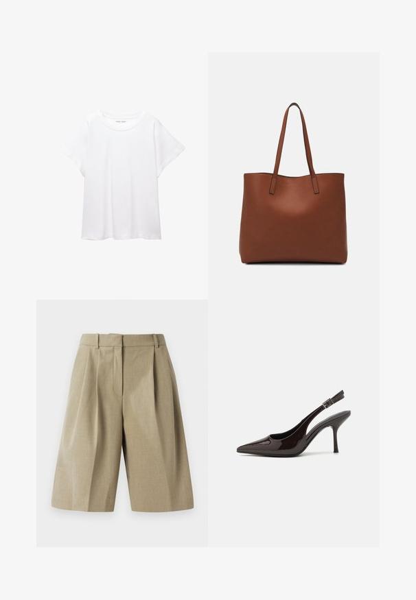 Valkoinen T-paita, joka on valmistettu pehmeästä ja kevyestä kankaasta. Omistaa pyöreän kaula-aukon ja lyhyet, leveät hihat rentoa istuvuutta varten. Ei näkyviä kuvioita.; Beige lyhyt lahkeinen housut, joissa on pleidattu muotoilu, valmistettu kevyestä kankaasta. Ominaisuuksiin kuuluu vyötärö ja syvät etutaskut.; Korkokenkät tummanruskeasta kiiltävästä patenttinnahasta, teräväkärkiset, avoimet sivut ja säädettävä nilkkaremmi.; Ruskea nahkainen olkalaukku, jossa on sileä pinta, avoin yläosa ja kaksi olkahihnaa. Omaavat vain minimaalisen ompelun eikä näkyvää metalliosaa.