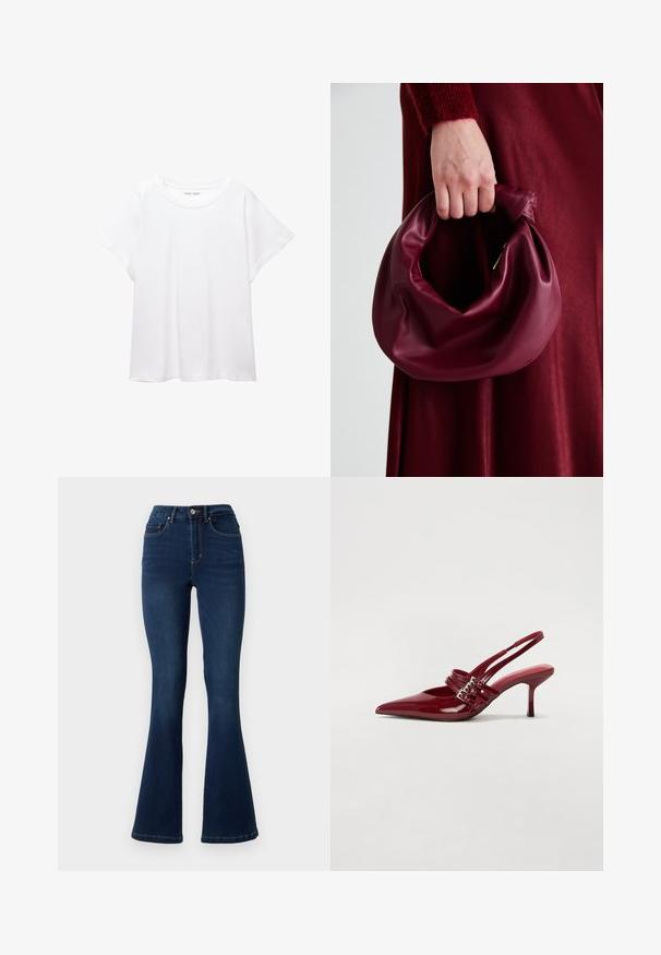 Fehér póló, puha, könnyű anyagból készült. Kerek nyakú, rövid, széles ujjaival és laza szabásával rendelkezik. Nincsenek látható minták.; Sötétkék farmer elnyelető nadrág magas derékkal, öt zsebbel, övszilárdítókkal és diszkrét varrási részletekkel a varratokon.; Piros lakkbőr slingback sarokcipő, hegyes orral, két csatoló pánttal és vékony, közepes magasságú stiletto sarokkal. Simább textúrájú.; Burgundi bőrtáska puhán ráncolt dizájnnal és kerek alakban. A fogantyú rögzítve van, sima textúrával rendelkezik.