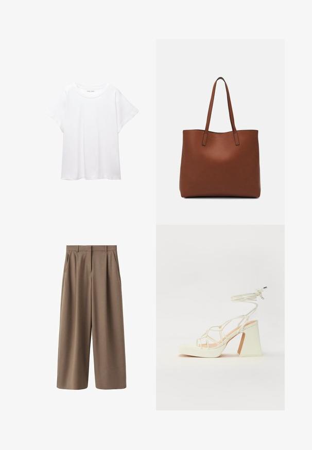 T-shirt bianco realizzato in un tessuto morbido e leggero. Presenta un collo rotondo e maniche corte e larghe con vestibilità morbida. Nessun motivo visibile.; Pantaloni larghi marroni con una texture liscia, pieghe frontali e vita alta. Presentano un design sartoriale e tasche laterali.; Sandalo bianco con tacco alto, caratterizzato da un design a cinturini e un legaccio alla caviglia. Texture liscia con una piattaforma frontale per un'altezza aggiuntiva.; Borsa tote in pelle marrone con texture liscia, design con apertura superiore e due spallacci. Presenta cuciture minime e nessun hardware visibile.