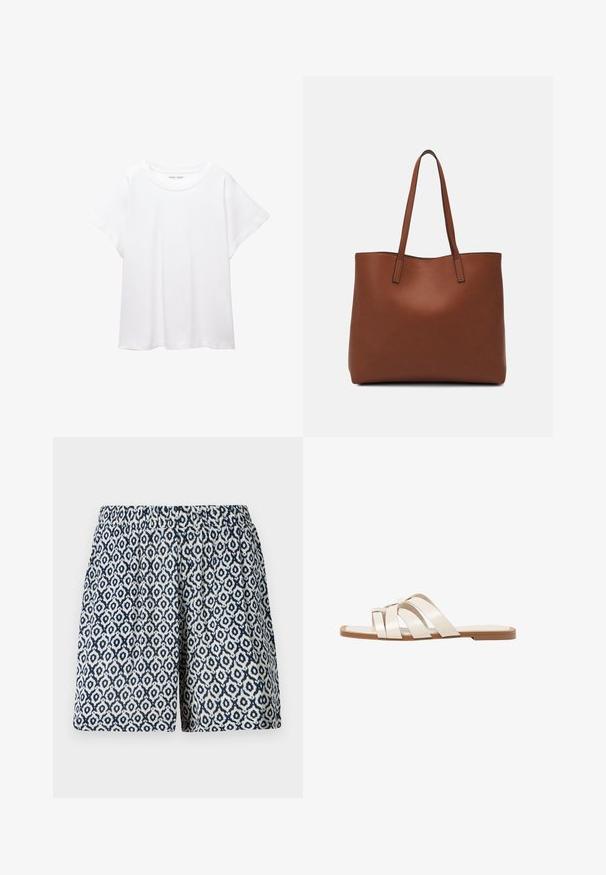 Weißes T-Shirt aus weichem, leichtem Stoff. Mit runder Halslinie und kurzen, weit geschnittenen Ärmeln für einen lässigen Sitz. Keine sichtbaren Muster.; Gemusterte Shorts mit einem geometrischen Design in Marineblau und Weiß, elastischem Bund, klassischer Passform und einem weichen, leichten Stoff.; Flache Sandalen mit einer honigfarbenen Gummisohle, gestaltet mit drei überlappenden weißen Lederriemen und einem kleinen Schleifendetail in der Mitte.; Braune Leder-Tote mit glatter Textur, offenem Oberteil und zwei Schulterriemen. Verfügt über minimale Nähte und keine sichtbaren Beschläge.