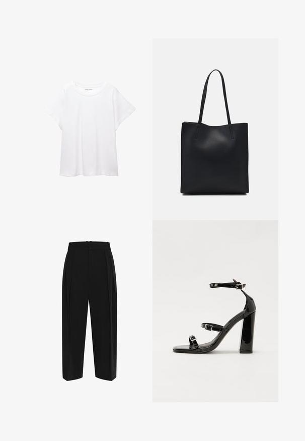 Biele tričko vyrobené z mäkkého, ľahkého materiálu. Má okrúhly výstrih a krátke, široké rukávy s uvoľneným strihom. Bez viditeľných vzorov.; Čierne nohavice s vysokým pásom, plisovaným predným dielom a rovným strihom. Vyrobené z hladkej tkaniny s čistým povrchom a bez viditeľného hardvéru.; Čierne lakované sandále na podpätku so štvorcovou špičkou, navlečenými remienkami okolo členku a striebornými prackami. Disponujú masívnym blokovým podpätkom pre stabilitu.; Čierna kožená taška na rameno s hladkým povrchom, obdĺžnikovým tvarom a dvoma dlhými uchami. Bez viditeľného kovania alebo ozdôb.