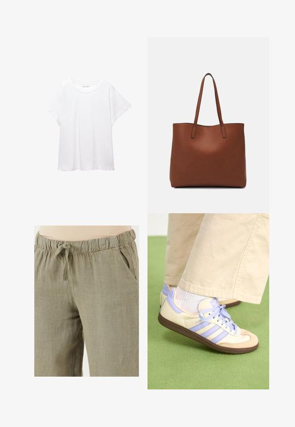 Biała koszulka wykonana z miękkiej, lekkiej tkaniny. Posiada okrągły dekolt oraz krótkie, szerokie rękawy, zapewniające luźny krój. Brak widocznych wzorów.; Jasnooliwkowe lniane spodnie z elastycznym pasem i sznurkiem; mają boczne kieszenie i luźny krój.; Kremowe i lawendowe trampki z trzema paskami oraz teksturowaną brązową podeszwą, wyposażone w sznurówki i wyścieloną piętę. Górna część z miękkiego materiału.; Brązowa skórzana torba tote o gładkiej fakturze, z otwartym wierzchem i dwoma ramiączkami. Charakteryzuje się minimalnym przeszyciem i brakiem widocznych elementów metalowych.