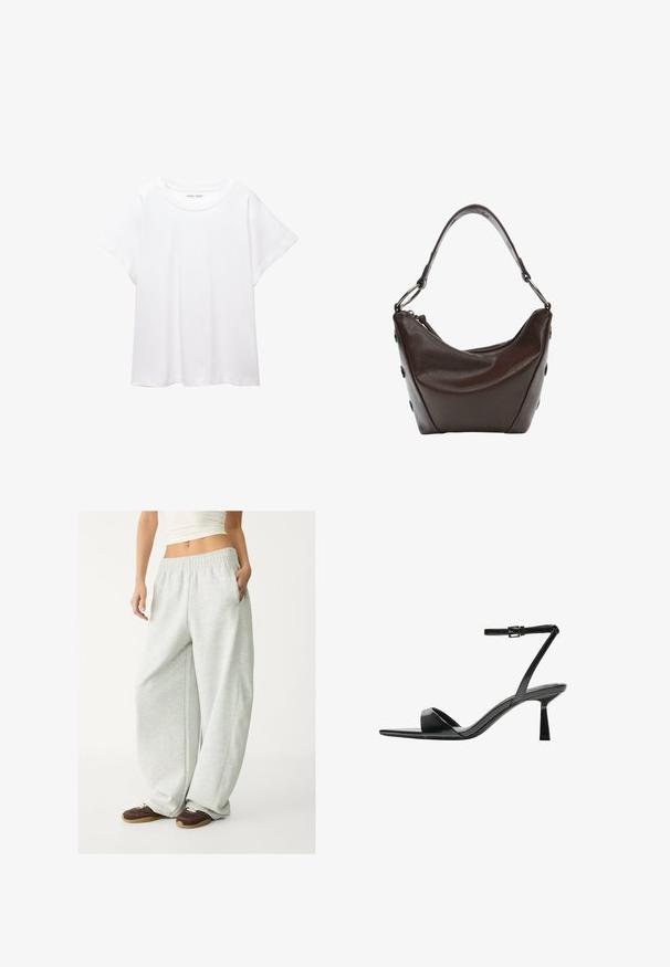 Valkoinen T-paita, joka on valmistettu pehmeästä ja kevyestä kankaasta. Omistaa pyöreän kaula-aukon ja lyhyet, leveät hihat rentoa istuvuutta varten. Ei näkyviä kuvioita.; Vaaleat harmaat collegehousut, joissa on joustava vyötärö, sivutaskut ja löysä istuvuus. Valmistettu pehmeästä, tekstuurilla varustetusta kankaasta; sisältää hienovaraisia saumoja.; Bershka Korolliset sandaalit - black; Tumma ruskea nahkalaukku, jossa on kaareva muoto, vetoketjusuljenta ja lyhyt kahva. Varustettu metalliosilla ja koristeellisilla mustilla nappuloilla sivuilla.