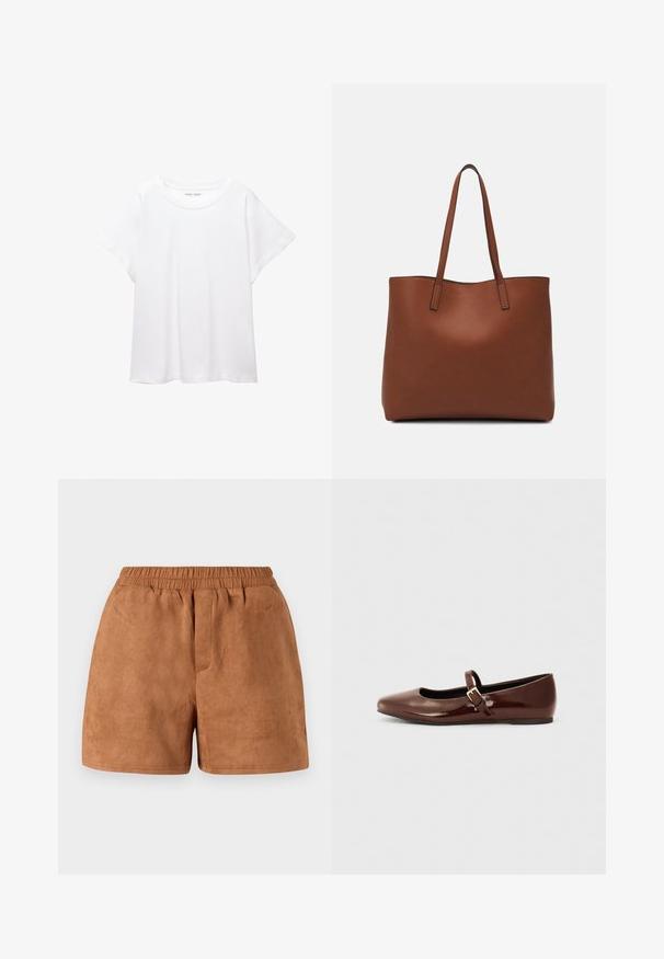 Tricou alb dintr-un material moale și ușor. Prezintă un decolteu rotund și mâneci scurte, largi, cu un croi lejer. Fără modele vizibile.; Pantaloni scurți din suede maro, cu un brâu elastic, având o croială lejeră și o textură netedă. Design simplu, potrivit pentru ținute casual.; Balerini negre din piele lucioasă, cu vârful pătrat și o curea cu o cataramă mică din aur. Textură netedă, toc mic și un design minimalist.; Geantă de umăr din piele maro cu o textură netedă, design cu vârf deschis și două curele pentru umăr. Prezintă cusături minime și fără componente metalice vizibile.