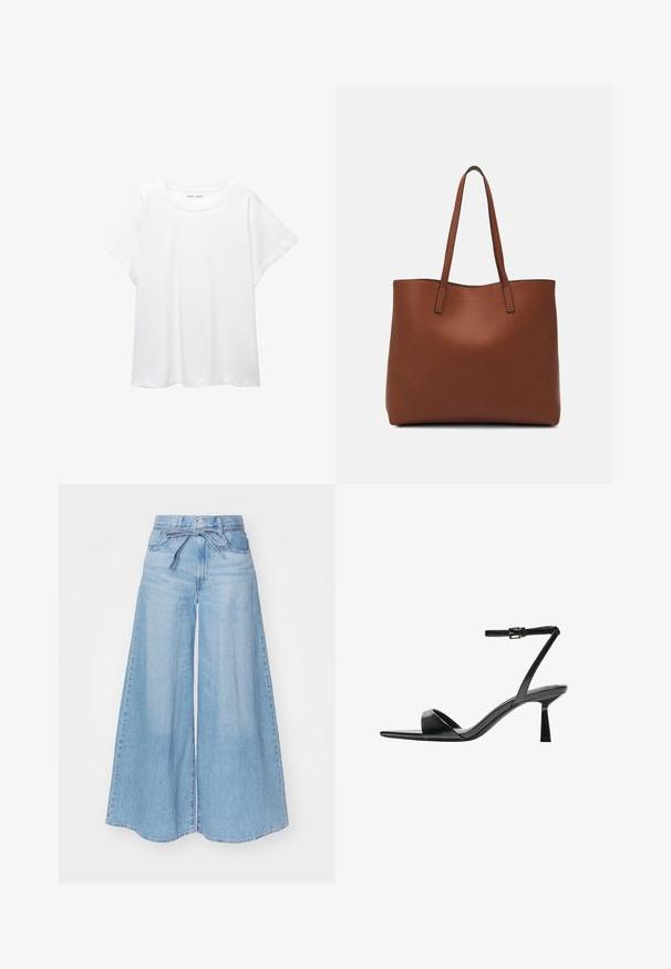 Bijela majica od mekane, lagane tkanine. Ima okrugli izrez i kratke, široke rukave s ležernim krojem. Bez vidljivih uzoraka.; Svijetloplave široke traperice s visokim strukom, izrađene od denima, s detaljem vezanja u struku i glatkim, isblijedjelim finishem.; Bershka Sandale s visokom petom - black; Smeđa kožna torba preko ramena s glatkom teksturom, otvorenim vrhom i dvjema naramenicama. Ima minimalne šavove i nema vidljivog hardvera.