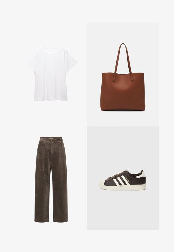 Witte T-shirt van zacht, lichtgewicht stof. Heeft een ronde halslijn en korte, brede mouwen met een ontspannen pasvorm. Geen zichtbare patronen.; Bruine corduroy wijde broek met plooien, met een zachte textuur en een medium hoge taille. De zoomafwerkingen zijn schoon en recht.; Low-top Adidas Superstar sneaker in donkerbruin leer met crème shell-toe, witte strepen en de tekst "Superstar" aan de zijkant.; Bruine leren tote bag met een gladde textuur, een ontwerp met een open bovenkant en twee schouderbanden. Kenmerkt zich door minimale stiksels en geen zichtbare hardware.