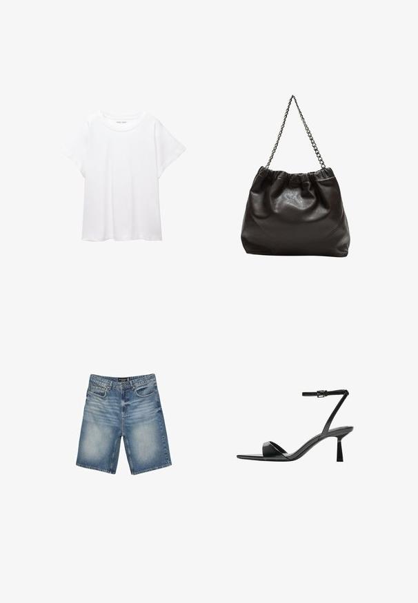 Weißes T-Shirt aus weichem, leichtem Stoff. Mit runder Halslinie und kurzen, weit geschnittenen Ärmeln für einen lässigen Sitz. Keine sichtbaren Muster.; Hellblaue Denim-Shorts mit einem Bund und Gürtelschlaufen, fünf Taschen und einem leicht verblassten Finish für einen abgetragenen Look.; Bershka High Heel Sandalette - black; Braune Lederhandtasche mit gerafftem Oberteil und Kettenriemen. Glatte Textur mit glänzendem Finish und subtilen Nahtdetails an den Seiten.