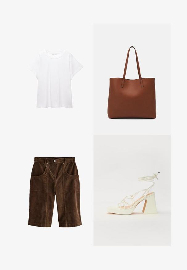 White T-shirt made of soft, lightweight fabric. Features a round neckline and short, wide sleeves with a relaxed fit. No visible patterns.; Brown corduroy shorts featuring a textured vertical stripe pattern, two front pockets, and a button closure at the waistband.; White high-heeled sandal with a chunky heel, featuring a strappy design and ankle tie. Smooth texture with a platform front for added height.; Brown leather tote bag with a smooth texture, open top design, and two shoulder straps. Features minimal stitching and no visible hardware.