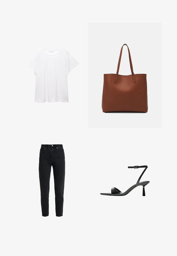 Bílý tričko vyrobené z měkké, lehké tkaniny. Má kulatý výstřih a krátké, široké rukávy s uvolněným střihem. Bez viditelných vzorů.; Černé džíny z denimu s vysokým pasem, zúženými nohavicemi, předními kapsami a knoflíkovým zapínáním. Mají hladký povrch a minimalistický design.; Bershka Sandály na vysokém podpatku - black; Hnědá kožená taška přes rameno s hladkou texturou, otevřeným designem a dvěma ramenními popruhy. Obsahuje minimální švy a žádné viditelné kovové prvky.