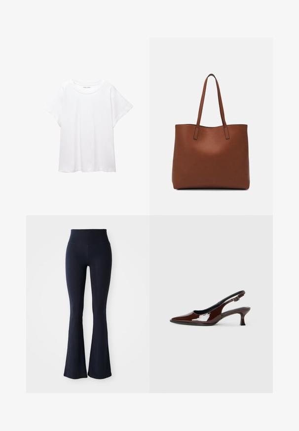 Biała koszulka wykonana z miękkiej, lekkiej tkaniny. Posiada okrągły dekolt oraz krótkie, szerokie rękawy, zapewniające luźny krój. Brak widocznych wzorów.; Granatowe legginsy z szerokimi nogawkami, wykonane z elastycznego materiału, z wysokim stanem. Gładka faktura i jednolity kolor, bez widocznych wzorów czy akcentów.; Brązowe lakierowane skórzane buty na obcasie typu slingback z ostrym noskiem i umiarkowanym obcasem. Posiadają pasek z klamrą dla zapewnienia stabilnego dopasowania. Gładka tekstura.; Brązowa skórzana torba tote o gładkiej fakturze, z otwartym wierzchem i dwoma ramiączkami. Charakteryzuje się minimalnym przeszyciem i brakiem widocznych elementów metalowych.