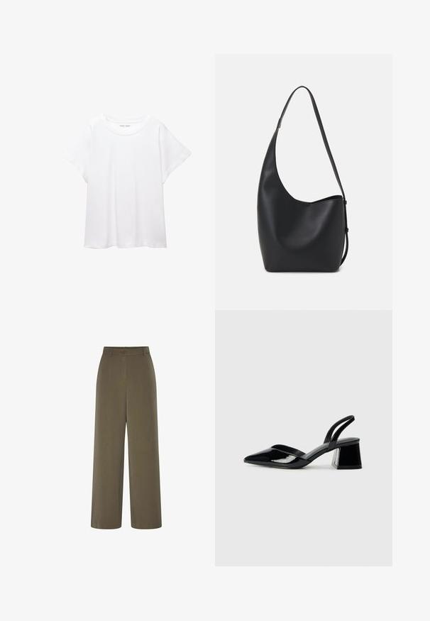 Biała koszulka wykonana z miękkiej, lekkiej tkaniny. Posiada okrągły dekolt oraz krótkie, szerokie rękawy, zapewniające luźny krój. Brak widocznych wzorów.; Spodnie o szerokich nogawkach w oliwkowym kolorze, z zapięciem na guzik i gładką teksturą. Skrojony fason o minimalistycznej estetyce.; Czarne lakierowane półbuty na obcasie z wydłużonym noskiem i geometrycznym słupkiem. Charakteryzują się eleganckim, minimalistycznym designem oraz gładką fakturą.; Czarna skórzana torba hobo o gładkiej fakturze, zaokrąglonym kształcie i pojedynczym, regulowanym pasku; posiada szerokie otwarcie na górze.