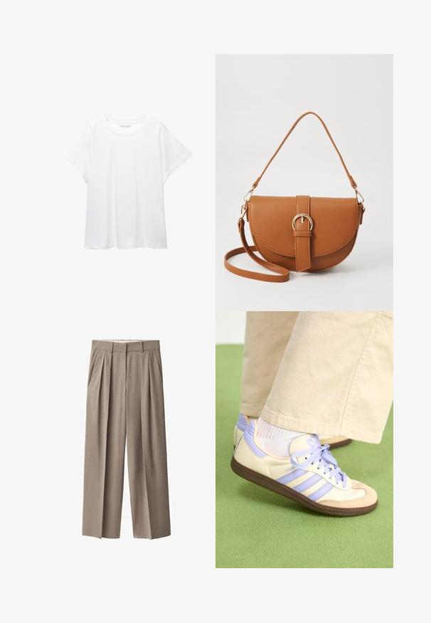 Vit t-shirt som är gjord av mjukt, lätt tyg. Har en rund halsringning och korta, vida ärmar med en avslappnad passform. Inga synliga mönster.; Beige veckade byxor i ett lätt material, med hög midja, avslappnad passform och två sidofickor. Platt framdesign.; Krämfärgade och lavendelfärgade sneakers med tre ränder och en texturerad brun sula, med snören och en vadderad häl. Mjuk tygobero.; Brun läder crossbody-väska med en böjd form, gyllene detaljer och en spänneaccent. Har en avtagbar axelrem.