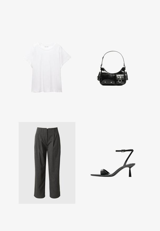 Weißes T-Shirt aus weichem, leichtem Stoff. Mit runder Halslinie und kurzen, weit geschnittenen Ärmeln für einen lässigen Sitz. Keine sichtbaren Muster.; Grau gestreifte Hose mit taillierter Passform, gefältelter Vorderseite und verkürztem Saum. Hergestellt aus gewebtem Stoff mit glatter Textur.; Bershka High Heel Sandalette - black; Schwarze Lackleder-Handtasche mit geschwungenem Design, einem Schulterriemen, Vordertaschen und silberfarbenen Hardware-Akzenten.