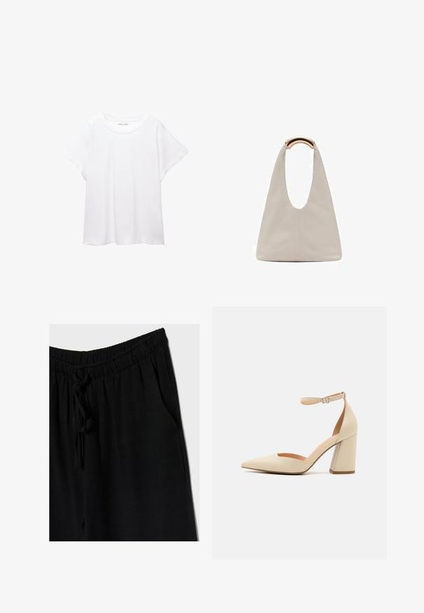 T-shirt blanc en tissu doux et léger. Il présente un col rond et des manches courtes et larges avec une coupe décontractée. Aucun motif visible.; Pantalons noirs avec une taille élastique et un cordon de serrage, offrant une coupe décontractée et des poches latérales. Le matériau semble doux et léger.; Pompe à talon haute en cuir verni beige avec un bout pointu, une sangle à la cheville et un talon épais. Texture lisse avec des détails de couture minimaux.; Sac en cuir gris clair avec un design en forme de U et une poignée métallique courbée. Texture lisse avec un minimum de coutures et sans motifs visibles.