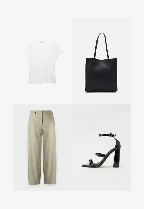 Weißes T-Shirt aus weichem, leichtem Stoff. Mit runder Halslinie und kurzen, weit geschnittenen Ärmeln für einen lässigen Sitz. Keine sichtbaren Muster.; Beige weit geschnittene Hose aus glattem Stoff. Mit Falten, Reißverschluss und Gürtelschlaufen. Gerader Schnitt von der Taille bis zum Saum.; Schwarze Lackleder-Sandalen mit hohen Absätzen, zwei Riemen mit Schnallen, quadratischer Zehenpartie und klobigem Blockabsatz, mit einer glatten, glänzenden Textur.; Schwarze Laptoptasche aus Leder mit glatter Textur, rechteckiger Form und zwei langen Griffen. Keine sichtbaren Beschläge oder Verzierungen.