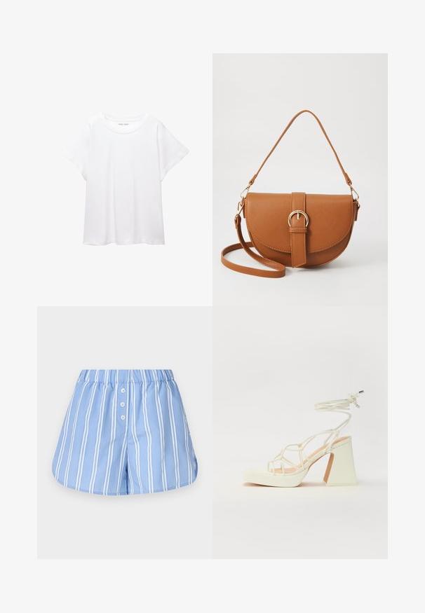 Tricou alb dintr-un material moale și ușor. Prezintă un decolteu rotund și mâneci scurte, largi, cu un croi lejer. Fără modele vizibile.; Shorts de culoare albastră deschisă, confecționați dintr-un material de bumbac, cu dungi verticale albe, având o talie cu șnur și trei nasturi în față.; Sandale albe cu toc înalt și gros, cu un design cu curele și legătură la gleznă. Textură netedă, cu o platformă frontală pentru înălțime suplimentară.; Geantă din piele maro, tip crossbody, cu o formă curbată, accesorii aurii și un accent cu cataramă. Dispune de un curea de umăr detașabilă.
