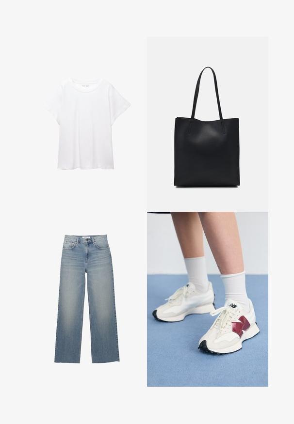 Tricou alb dintr-un material moale și ușor. Prezintă un decolteu rotund și mâneci scurte, largi, cu un croi lejer. Fără modele vizibile.; Jeans de blugi de culoare albastru deschis, cu picioare largi, realizate din denim, având talie înaltă, buzunare frontale și închidere cu nasture. Textură netedă cu zone estompate.; O pereche de adidași albi cu accente vișinii, panouri texturate, talpă neagră plată și șireturi ușoare, purtați cu șosete albe până la gleznă.; Geantă tote neagră din piele, cu textură netedă, formă rectangulară și două mânere lungi. Fără hardware vizibil sau ornamente.