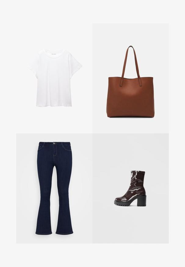 Tricou alb dintr-un material moale și ușor. Prezintă un decolteu rotund și mâneci scurte, largi, cu un croi lejer. Fără modele vizibile.; Jeans din denim de culoare albastru închis, cu talie înaltă, ajustate pe coapsă și ușor evazate la fund, având buzunare frontale și închidere cu nasture.; Botine lucioase burgundy, cu toc gros negru, având o textură netedă și un design simplu. Fără închideri sau modele vizibile.; Geantă de umăr din piele maro cu o textură netedă, design cu vârf deschis și două curele pentru umăr. Prezintă cusături minime și fără componente metalice vizibile.