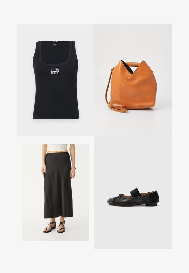 Čierny rebrovaný top bez ramienok s štvorcovým výstrihom a bielym vyšitým logom na prednej strane. Vyrobený z elastického materiálu.; Čierna dlhá sukňa z hladkej tkaniny s priliehavým pásom. Sprevádzaná čiernymi sandálmi s remienkami a kovovými akcentmi.; Čierne kožené baletky s okrúhlou špičkou, malým uzlom a elastickým popruhom cez priehlavok pre bezpečné uchytenie. Plná podrážka.; Hnedá kožená kabelka s jedinečným trojuholníkovým prehnutím, horným uchom a odnímateľným ramenným popruhom na bielom pozadí.