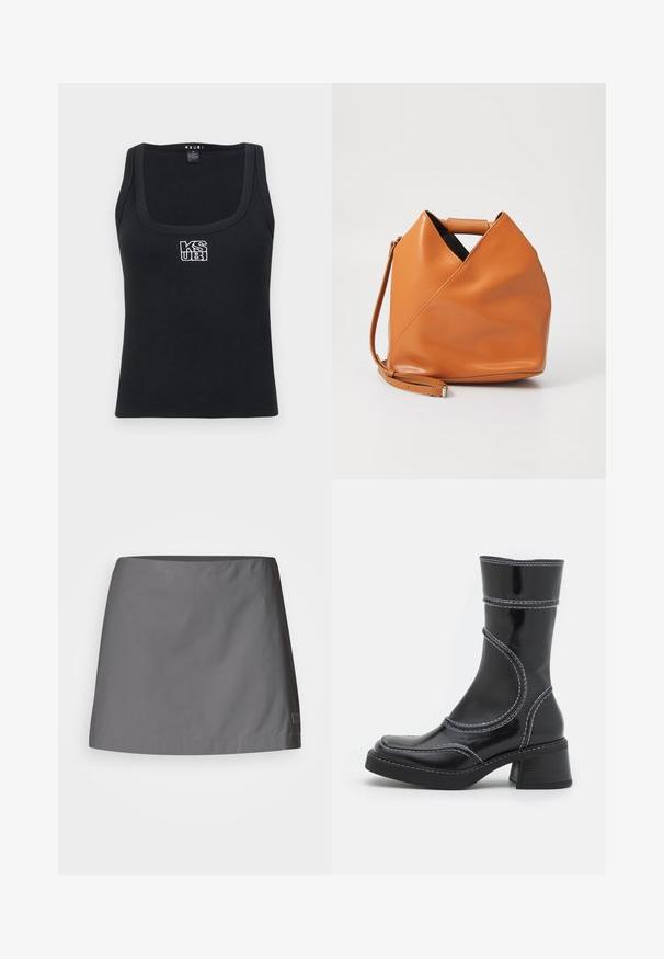 Top in maglia nera a coste con scollatura quadrata e logo ricamato bianco sul davanti. Realizzato in un materiale elastico.; Gonna grigia realizzata in un tessuto leggero e liscio; presenta una linea dritta con orlo pulito e un'etichetta del marchio discreta sul lato.; Stivale alla caviglia in pelle verniciata nera con cuciture bianche, punta arrotondata e tacco a blocco. Presenta linee di design curve e una texture liscia.; Borsa a mano in pelle color tan con design unico a pieghe triangolari, manico superiore e tracolla removibile su sfondo bianco.