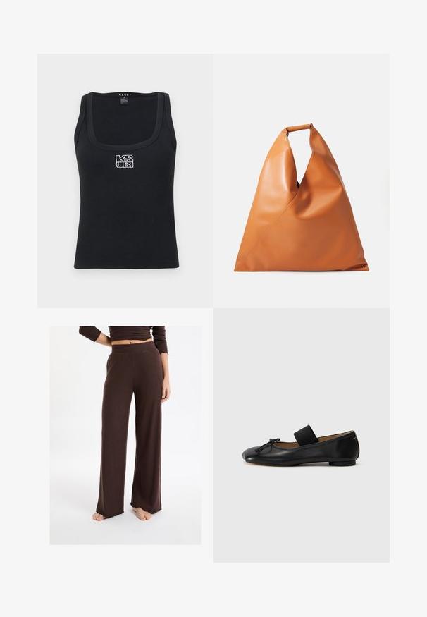 Schwarzes ribbeltes Tanktop mit quadratischem Ausschnitt und einem weißen gestickten Logo auf der Vorderseite. Hergestellt aus dehnbarem Material.; Braune, gerippte Strickhose mit hohem Bund, weitem Bein und ausgefranstem Saum, aus weichem Stoff. Keine sichtbaren Verzierungen.; Schwarze Ballerinas aus Leder mit einer abgerundeten Spitze, einem kleinen Knotendetail und einem elastischen Riemen über dem Spann für einen sicheren Sitz. Flache Sohle.; Tanfarbene, glatte Leder-Handtasche in Dreiecksform mit einem kurzen, runden Griff und einer weichen, lässigen Struktur auf einem weißen Hintergrund.