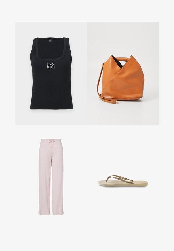 Zwarte geribbelde tanktop met vierkante halslijn en een witte geborduurde logo aan de voorkant. Gemaakt van een rekbaar materiaal.; Lichtroze wijde broek van gestructureerde stof, met een elastische tailleband en een trekkoord. Verticale ribbelpatroon over het geheel.; Lichtbeige flip-flop met een getextureerde voetbed, platte zool en dunne, glanzende bandjes. Heeft subtiele merkvermelding op het bandje.; Tan leren handtas met uniek driehoekig vouwontwerp, bovenhandvat en afneembare schouderriem op een witte achtergrond.