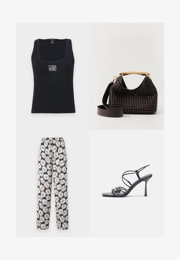 Schwarzes ribbeltes Tanktop mit quadratischem Ausschnitt und einem weißen gestickten Logo auf der Vorderseite. Hergestellt aus dehnbarem Material.; Schwarze Hose mit einem elastischen Bund, die ein weißes und orangefarbenes Gänseblümchenmuster aufweist. Hergestellt aus leichtem Material mit glatter Textur.; Schwarze, hochhackige Sandalen mit dünnen Riemen und einem geknoteten Design, einer glatten, rechteckigen Zehenpartie und einem eleganten Stiletto-Absatz.; Elleme BOOMERANG WOVEN - Handtasche - brown; Silberne Creolen mit einer glatten, glänzenden Oberfläche. Abgerundete Form, leichtes Design, mit einer Steckverschluss.