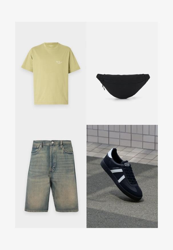 Lichtgroene katoenen t-shirt met korte mouwen, een ronde halslijn en een klein wit logo tekst op de linkerborst.; Denim shorts, vervaagde blauwe kleur, hoge taille, vijfzakkenstijl, met metalen hardware en zichtbare stiksels.; Zwarte leren sneaker met witte strepen, een gestructureerde rubberen zool en vetersluiting aan de voorkant. Voorzien van een merklabel op de tong.; Zwarte stof heuptas met een afgeronde vorm, voorzak met rits en een gladde textuur. Geen zichtbare patronen of accenten. Lichtgewicht ontwerp.