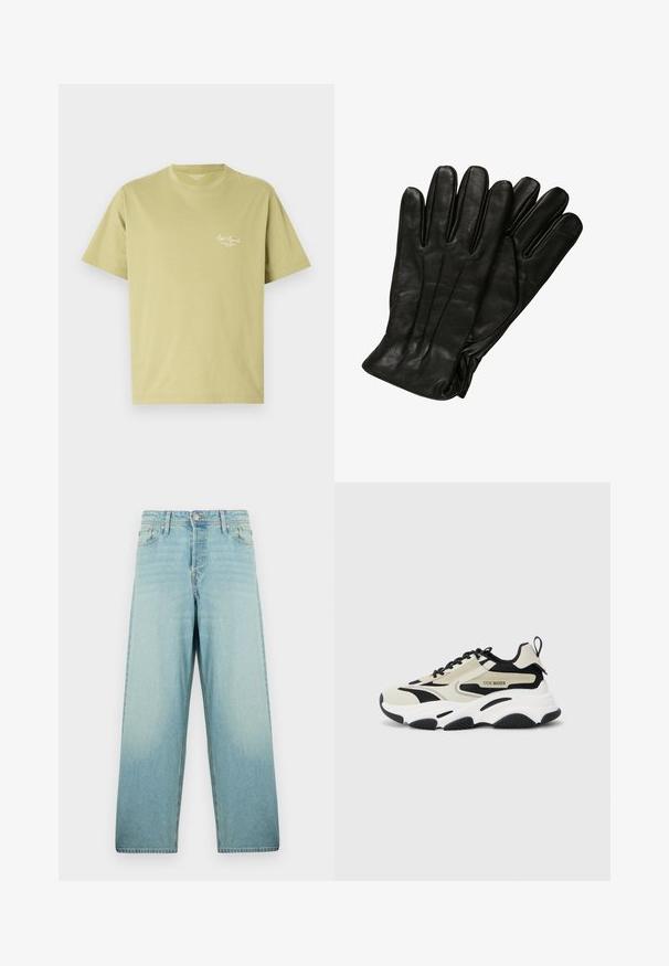 Gaiši zaļš kokvilnas T-krekls ar īsām piedurknēm, apaļu dekoltē un nelielu baltu logotipa tekstu kreisajā krūšu daļā.; Gaiši zili platā kāju džinsi, izgatavoti no denima ar izbalējušu apdari. Iespējas: priekšējā pogu aizdare un piecu kabatu dizains.; Masīva kedas ar bēšu un melnu sietu augšdaļu, baltu vidējo zoli, melnu gumijas zoli un logotipa detaļām sānos.; Melna ādas cimdi ar gludu faktūru, piecām pirkstiem un delikātiem izšuvumiem. Klasisks dizains, piemērots aukstam laikam.