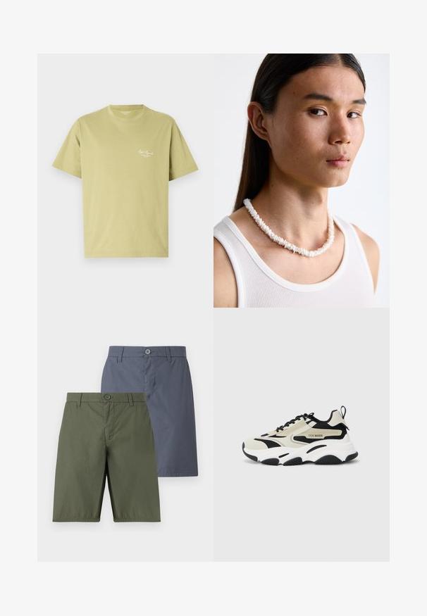 Light green cotton t-shirt with short sleeves, a round neckline, and a small white logo text on the left chest area.; Two pairs of shorts: one olive green, one navy blue. Both feature a button closure, straight cut, and smooth fabric with a slight sheen.; Chunky sneaker with a beige and black mesh upper, white midsole, black rubber outsole, and logo detailing on the side.; White shell necklace composed of irregular shapes, worn over a fitted white tank top. Smooth texture with subtle sheen, close-fitting design.