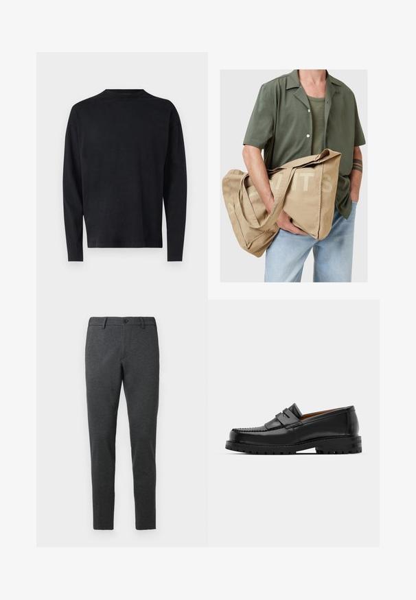 Sort langærmet skjorte lavet af blødt stof. Har en rund halsudskæring og sænkede skuldre. Glat tekstur med ingen synlige mønstre.; Mørkegrå bukser lavet af et struktureret stof. Tætsiddende design med lige ben, med en enkelt knaplukning og bæltesløjfer.; Sorte læder loafers har en forhøjet søm, to dekorative remme på overdelen og en tyk struktureret sål for bedre greb.; Tan canvas tote taske med store håndtag, prydet med blokbogstaver trykt på siden. Tasken har en blød tekstur og et rummeligt design.