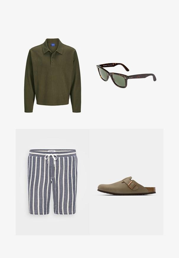 Olivgrünes Langarmpolohemd aus strukturiertem Stoff. Mit Kragen, Drei-Knopf-Leiste und lockerer Passform.; Blaue und weiße gestreifte Shorts aus strukturiertem Stoff, mit einem elastischen Bund und Kordelzug. Die Länge reicht bis zur Mitte des Oberschenkels.; Braune Clogs mit einer glatten, matten Oberfläche. Besitzt eine auffällige bronzefarbene Schnalle an der Seite. Korkfußbett und Gummisohle für Komfort.; Wayfarer-Sonnenbrille mit dunklem Schildpatt-Kunststoffrahmen, grünen Gläsern und silbernem Ray-Ban-Logo am Bügel.