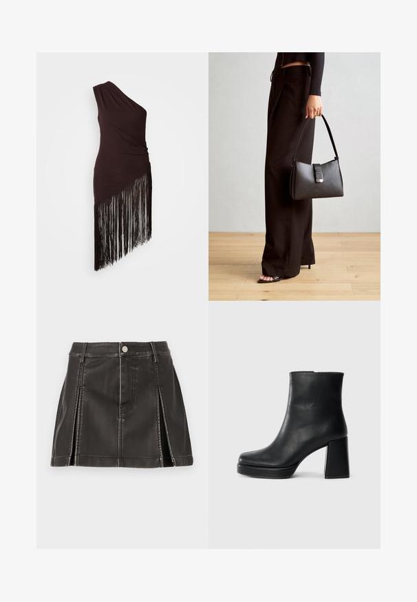 Vestido castanho escuro de um ombro só com textura franzida e bainha assimétrica decorada com franjas pretas longas. Tecido suave.; Saia de imitação de couro preta com cintura alta, apresentando detalhes cosidos e pregas laterais. Fecho com botão metálico na parte da frente.; Bota de couro preta até ao tornozelo com salto bloco e sola com plataforma, vista de lado sobre um fundo branco liso.; Bolsa preta com forma estruturada, textura suave e um fecho metálico. Combinada com calças largas pretas e sandálias de salto aberto sobre um chão de madeira.