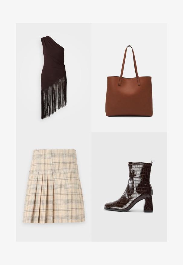 Tamsiai ruda viena petimi suknelė su suraukta tekstūra ir asimetriniu kraštu, puošta ilgais juodais kutais. Lygus audinys.; Rudos plisėtos sijonas, smėlio spalvos su mėlynomis ir rudomis linijomis, pasižymintis pritaikytu liemeniu ir tekstūruotu audiniu, suteikiančiu tvirtą išvaizdą.; Tamsiai ruda patentinė odinė aulinė, su krokodilo tekstūra, blokuotu kulnu ir užtrauktuku gale, prieš baltą foną.; Ruda odinė priekabų krepšys su glotnia tekstūra, atviru viršumi ir dviem petnešomis. Su minimalia siuvimo detalėmis ir nematoma aparatūra.