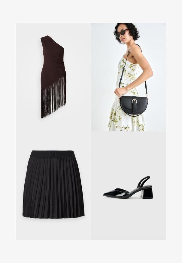 Egyvállas sötétbarna ruha ráncolt textúrával és aszimmetrikus szegéllyel, hosszú fekete bojtokkal díszítve. Simogató anyag.; Fekete, pliszírozott szoknya sima textúrával, egyszínű fekete derékrésszel és a fronthoz írt logóval.; Fekete lakk bőr szandálkés magas sarkú cipő, hegyes orral és geometrikus tömbsarkakkal. Karcsú, minimalista dizájn és sima textúra jellemzi.; Fekete bőrtáska ívelt formával, levehető pánttal és arany színű fémrészekkel. A táskán egy csattal díszített fedél található.