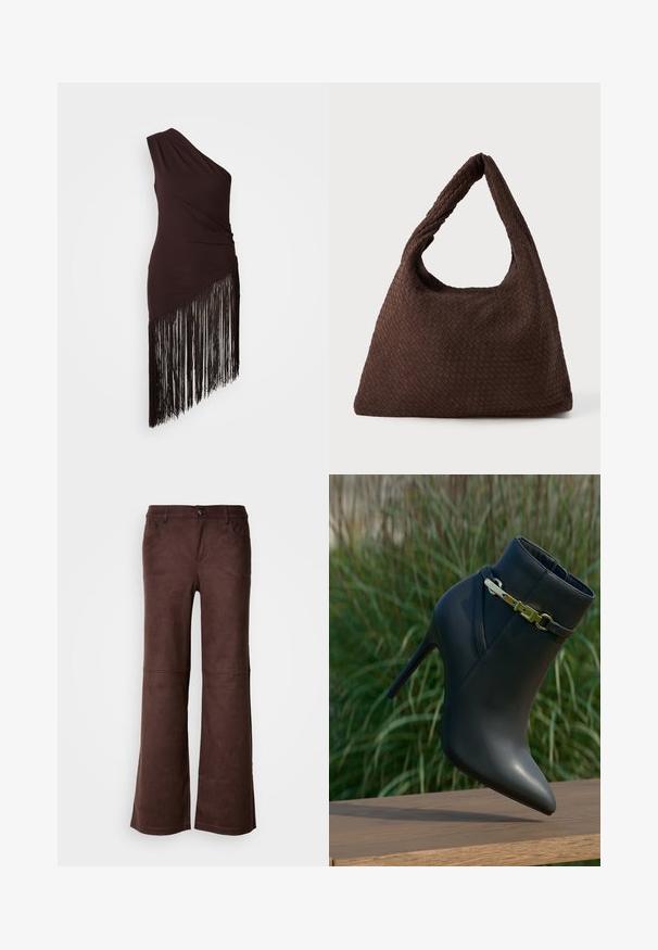 Temno rjava obleka z enim ramenom, z nagubano teksturo in asimetričnim robom, ki vključuje dolge črne resice. Gladek material.; Rjave širše hlače iz mehkega, suedenemu podobnega materiala. Imajo štiri žepe, zapiranje s gumbom in gladko, teksturirano površino.; Črne gležnjarje na visoki peti z ostrim nosom in zlatim detajlom s sponko, prikazane na leseni površini z zelenim listjem v ozadju.; Rjava pletena torba z ohlapno obliko, enim ročajem v obliki zanke in teksturirano površino. Oblikovanje vključuje hobo stil brez dodatne opreme.