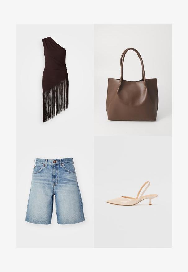 Temno rjava obleka z enim ramenom, z nagubano teksturo in asimetričnim robom, ki vključuje dolge črne resice. Gladek material.; Denim kratke hlače v svetlo modri barvi z visokim pasom, z gumbom za zapiranje, petimi žepi in rahlim bledenjem za obrabljen videz.; Bež čevlji na peto iz patentiranega usnja, s koničastim nosom in ozko kvadratno peto. Gladka tekstura in minimalističen dizajn brez okrasja.; Rjava usnjena torba z dvema dolgima ročajema, strukturirane oblike, gladke teksture in minimalisticnega dizajna. Ni vidne strojne opreme ali dodatkov.