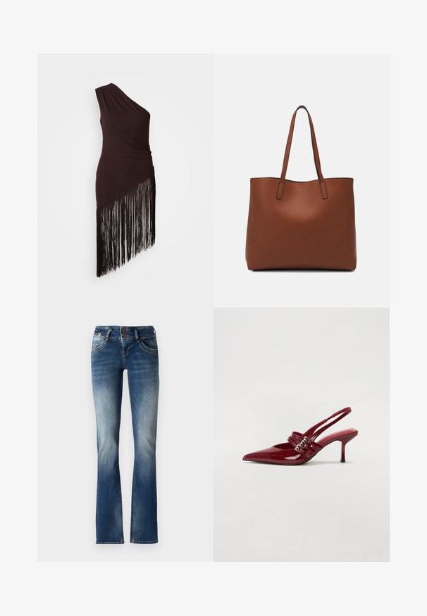 Tamsiai ruda viena petimi suknelė su suraukta tekstūra ir asimetriniu kraštu, puošta ilgais juodais kutais. Lygus audinys.; Mėlynos džinsinės platėjančios kelnės su šiek tiek išblukusiu skalbimu, dviem sagutėmis ir dekoratyviniais siuvinėjimais priekyje esančiose kišenėse.; Raudoni blizgūs odiniai bateliai su atviru kulnu, smailiu nosiu, dviem užsegimais ir plonu, vidutinio aukščio stiletto kulnu. Lygus paviršius.; Ruda odinė priekabų krepšys su glotnia tekstūra, atviru viršumi ir dviem petnešomis. Su minimalia siuvimo detalėmis ir nematoma aparatūra.