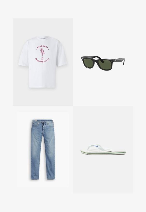 T-shirt bianca in cotone con una stampa grafica rossa di una coppia e il testo "Fiorucci 1967 dreaming of you" disposto in modo circolare.; Jeans in denim blu chiaro con taglio dritto. Presentano un'apertura con bottoni, cinque tasche e una texture leggermente sbiadita.; Infradito bianchi con una soletta testurizzata, strap sottile e una linea di accento multicolore sulla suola. Presenta il logo sulla fascia.; Ray-Ban RB2140F WAYFARER - Occhiali da sole - black green