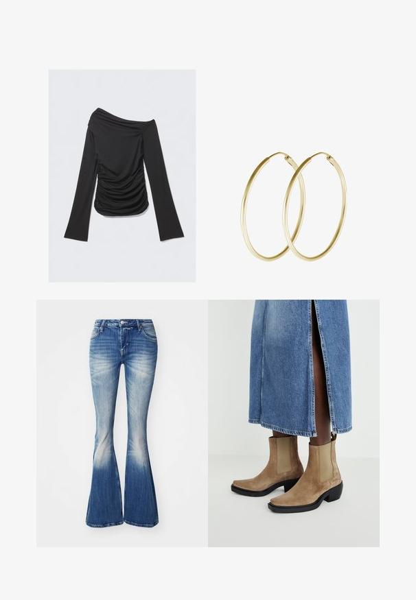 Top negro de manga larga y hombros descubiertos con textura arrugada en los lados, fabricado en un tejido suave y elástico, con un diseño ajustado.; Jeans acampanados azules de mezclilla con un lavado desgastado. Incluyen una cintura ajustada, diseño de cinco bolsillos y ligero desgaste en los dobladillos.; Botas de tobillo de ante en color marrón claro con paneles elásticos en los costados y un tacón cuadrado negro. Combinadas con una falda de mezclilla azul claro que presenta una abertura lateral.; Pendientes de aro de oro con un diseño suave y redondeado y un acabado brillante. Construcción ligera con un cierre de broche seguro.