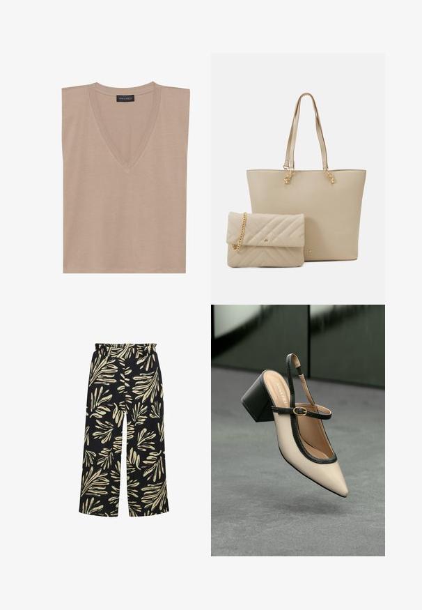 Bežinis begalinio v-kakliuko marškinėliai be rankovių su juodu etiketė "ANNA FIELD" prie apykaklės, atremti plokščiai ant baltos fono.; Plati kelnės su elastinga juosta, turinčios juodą foną ir grietinėlės bei mėtų žalios spalvos lapų raštą. Tekstūruota medžiaga.; Šviesiai rudos suknelės bateliai su juodu apvadu, auksine sagtimi ir masyviu blokiniu kulnu, stovintys ant pilkos grindų su tamsiai žalia fonu.; Kreminės spalvos rankinė su plokščiais rankenėlėmis, lygiu paviršiumi ir auksinėmis detalėmis, derinama su atitinkama siuvinėta rankine su grandinėlės dirželiu.