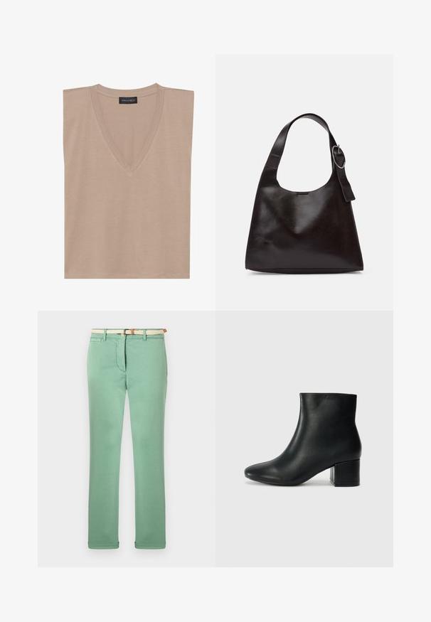 Bežinis begalinio v-kakliuko marškinėliai be rankovių su juodu etiketė "ANNA FIELD" prie apykaklės, atremti plokščiai ant baltos fono.; Šviesiai žali medvilniniai kelnių, tiesaus kirpimo, su austine smėlio spalvos diržu ir priekinėmis kišenėmis. Slydus paviršius su minimaliai siuvinėtu dizainu.; Juodos odinės aulinės botai su smailiu priekiniu pirštu ir storu kulnu. Lygus tekstūra su minimaliomis detalėmis ir elegantišku, tvirtai priglundančiu dizainu.; Ruda odinė petinė kuprinė su lygiu paviršiumi, apvalia forma, plačia juosta ir apvaliu metaliniu akcentu ant rankenos.