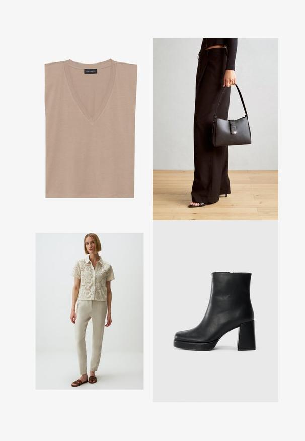 Beige mouwloze V-hals top met een zwart label met de tekst "ANNA FIELD" op de kraag, plat gelegd op een witte achtergrond.; Korte mouwen blouse met kantpatroon in crème, met een kraaglijn. Gecombineerd met beige, slim-fit broek en bruine gevlochten sandalen.; Zwarte leren enkelboot met een blokhak en platformzool, zijaanzicht op een effen witte achtergrond.; Zwarte handtas met gestructureerde vorm, gladde textuur en een metalen sluiting. Gecombineerd met brede zwarte broeken en sandalen met open teen op een houten vloer.